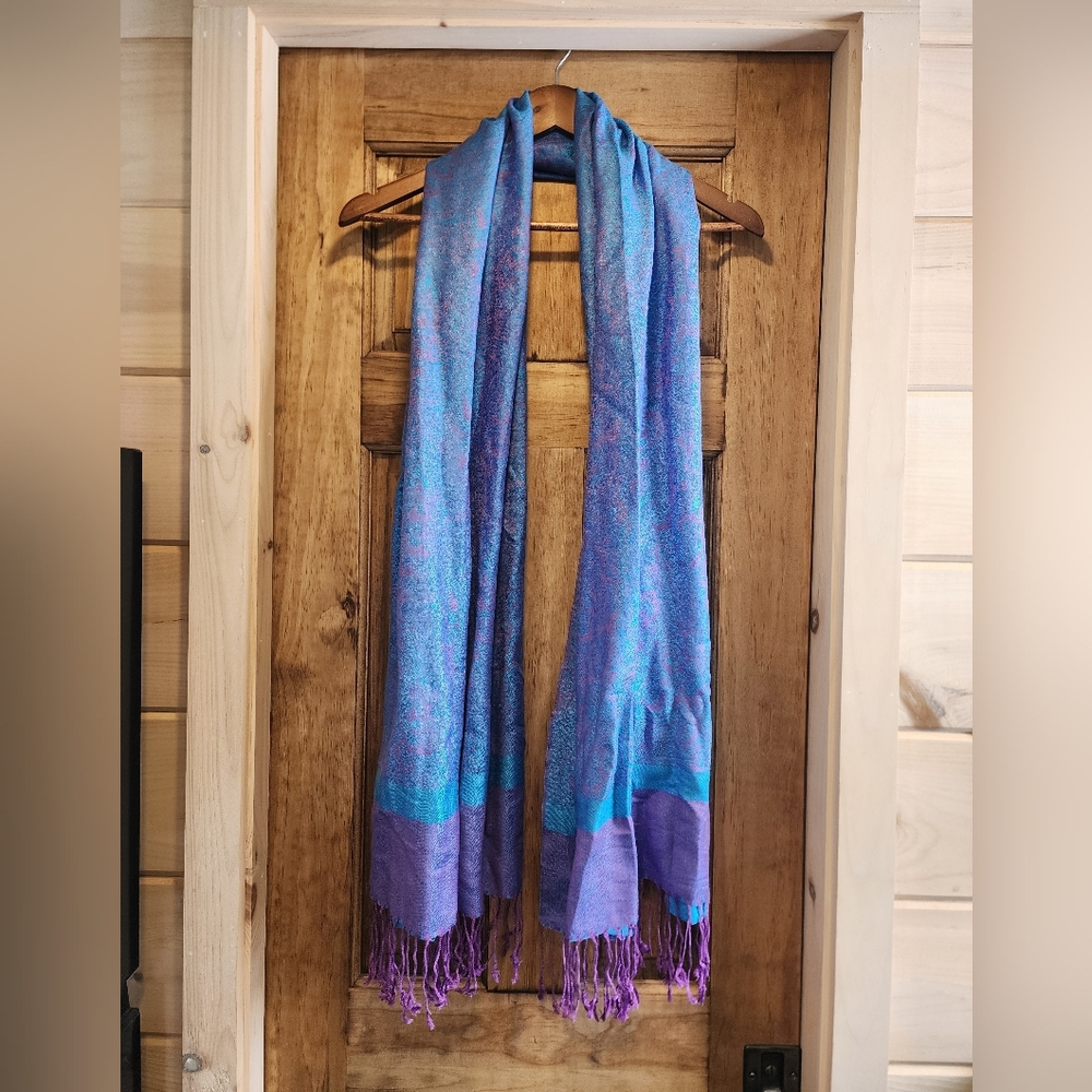 Pashmina And Silk Blue and Purple Fringe Scarf